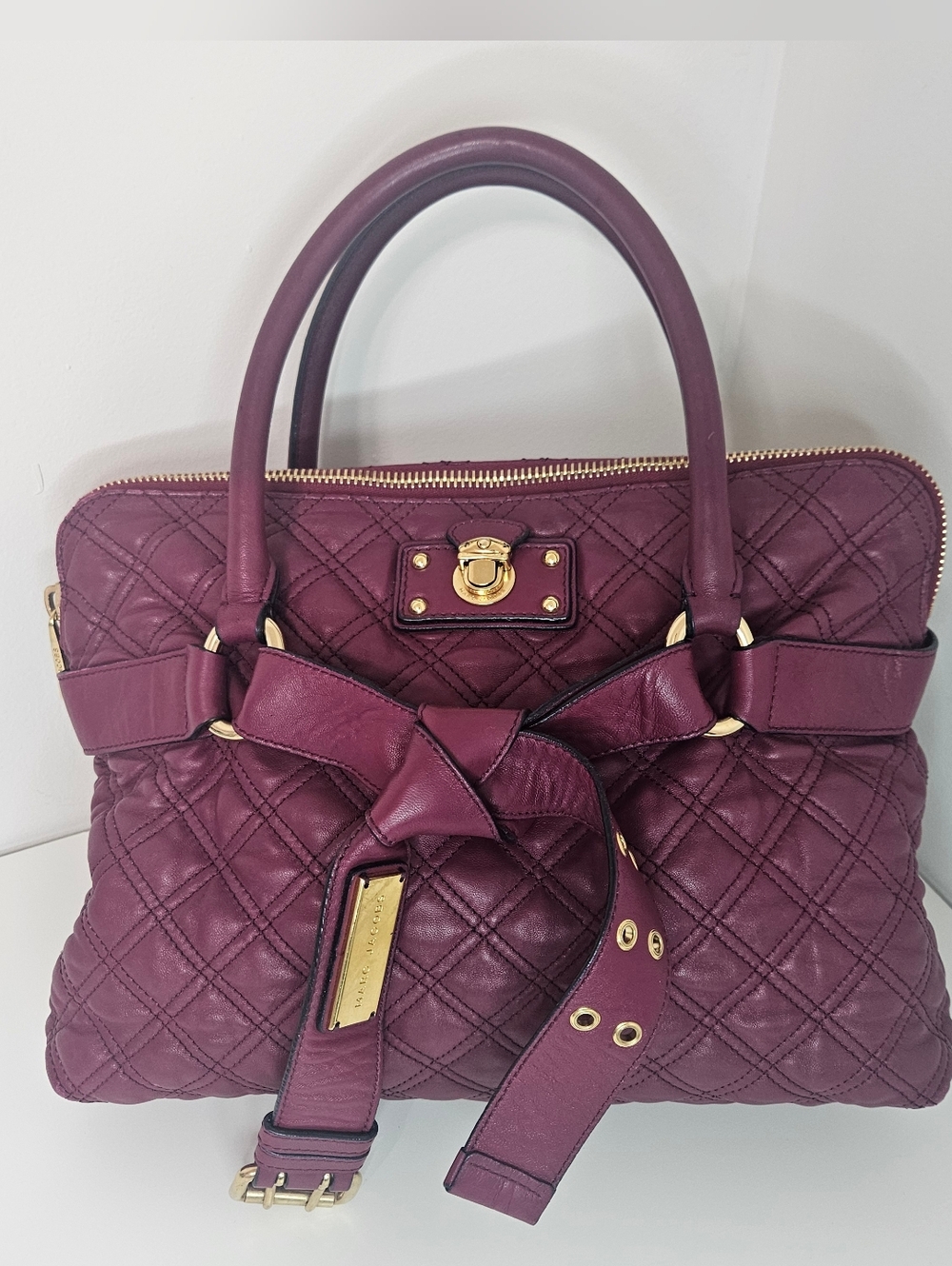 Marc Jacobs Quilted Belted Leather Crimson Red Burgundy Y2K Handbag Luxury Purse